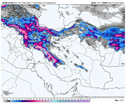 آخرین خروجی مدل هواشناسی آلمان از مجموع بارش و برف تجمعی ۷ روز آتی